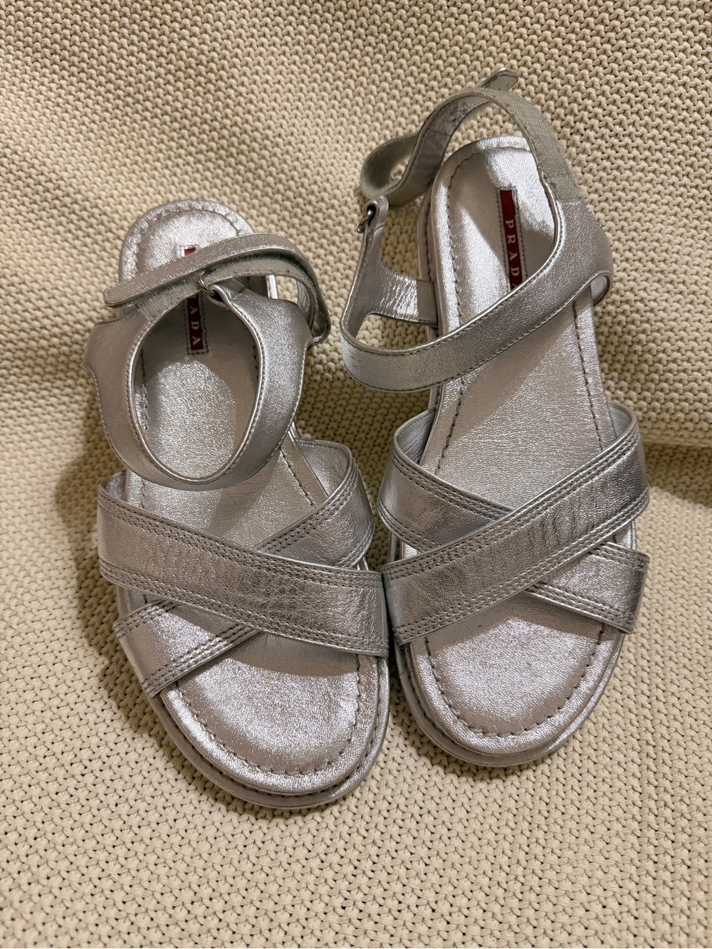 Prada Metallic Silver Cross-Strap Sandals